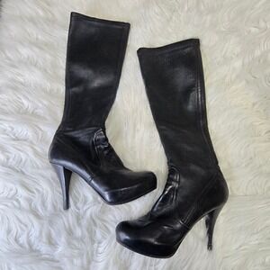 Baldan Black Leather Tall Stiletto Platform Boots Made in Italy Size 36.5